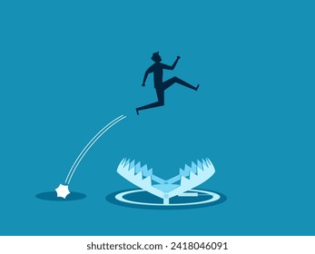 Control risk management. Businessman jumps over a bear trap. vector 