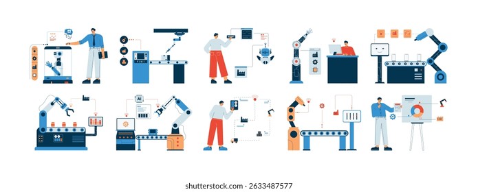 Control of a robot system running automatically in an industry, vector illustration.