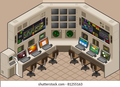 Control Room Center 3D Isometric Building Interior Office Vector Security Concept Isometric Control Center Room 3D Vector Illustration Air Traffic Command Isometric Desk Controller. Large Office Panel