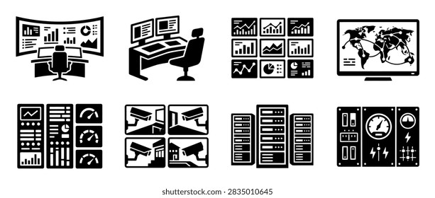 Control room icons set representing modern security monitoring