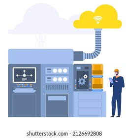 Sala de control en fábrica moderna con tecnología inalámbrica. El inspector analiza los datos de los comprimidos durante el proceso de producción. Industria inteligente con equipos modernos. Ilustración del vector aislada en el fondo