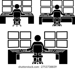 Control Room Operator Workstation Set Vector Icons