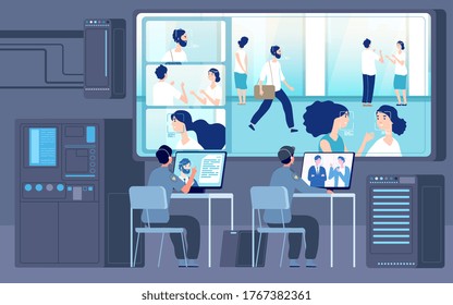 Sala de control. Trabajadores de seguridad mirando cámara, servicio cctv. Las personas identifican el monitoreo digital, la vigilancia o la representación vectorial de la oficina de protección