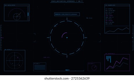 Una sala de control muestra una interfaz de navegación espacial con gráficos, radar y métricas. La pantalla ofrece una vista del Estado y las coordenadas de la nave espacial en tiempo real.