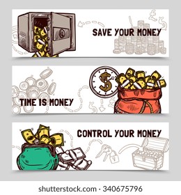 Control and save money with time management 3 horizontal financial banners set doodle abstract vector isolated illustration