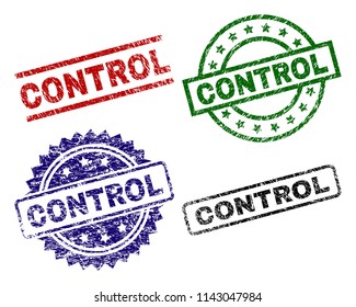 CONTROL seal prints with distress texture. Black, green,red,blue vector rubber prints of CONTROL label with retro style. Rubber seals with circle, rectangle, medallion shapes.