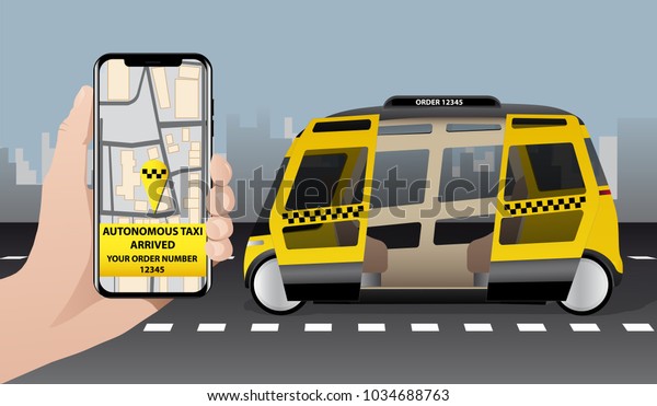 Control of self driving bus by mobile app.\
Autonomous shuttle arrived to a man. Text \