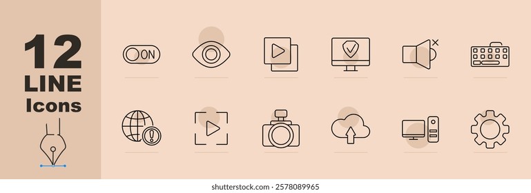 Control set icon. Toggle button, visibility eye, video play, screen verification, muted sound, keyboard, internet globe, media control, upload cloud, PC setup, gear settings. System controls