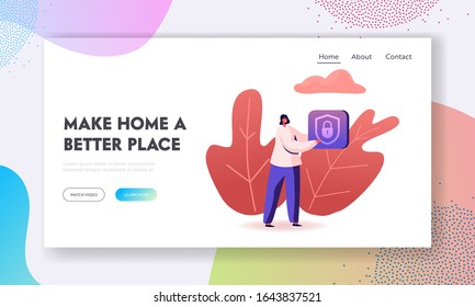 Control Smart Home Devices through Wireless Connection Website Landing Page. Woman Holding Icon of Padlock inside of Shield. Iot Secure House System Web Page Banner. Cartoon Flat Vector Illustration
