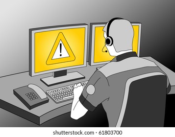 Control station operator front of the monitor with warning symbol