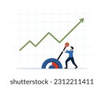 Control stock market and investment portfolio. Changing the direction of the business towards the goal of success. Businessman with big lever to control arrow diagram. flat vector illustration.