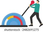 Control stock market and investment portfolio. Changing the direction of the business towards the goal of success. Businessman with big lever to control arrow diagram. flat vector illustration.