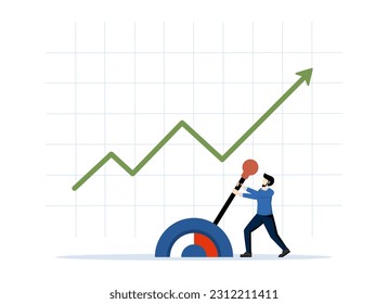 Control stock market and investment portfolio. Changing the direction of the business towards the goal of success. Businessman with big lever to control arrow diagram. flat vector illustration.