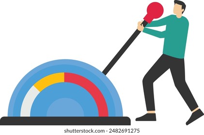 Control stock market and investment portfolio. Changing the direction of the business towards the goal of success. Businessman with big lever to control arrow diagram. flat vector illustration.