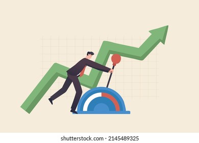 Control the stock market and investment portfolios. Changing the direction of business towards success goals. Businessman with large lever to control arrow chart