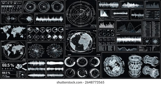 Control system with HUD interface, screen monitor with 3D earth globe, UI frames, charts, diagram, data. Cyberpunk futuristic user interface HUD, UI. Security system interface.