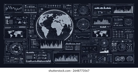 Control system with HUD interface, screen monitor with 3D earth globe, UI frames, charts, diagram, data. Cyberpunk futuristic user interface HUD, UI. Security system interface.