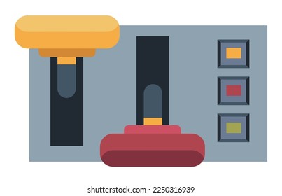 Steuersystem oder Schalttafel mit Schaltgeräten oder Schaltknöpfen zur Steuerung von elektronischen oder elektrischen Geräten und Instrumenten. Industrielle Geräte und Hebel mit Drehknopf. Vektorgrafik im Flachstil