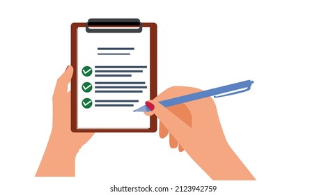 Sistema de control en la mano y el lápiz de la mujer, marcando con lápiz.Encuesta, test, lista de tareas pendientes, deal.Materiales impresos, infografías.