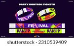 Control ticket bracelets for events, disco, festival, fan zone, party, staff. Vector mockup of a festival bracelet in cartoon futuristic style