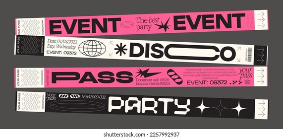 Control ticket bracelets for events, disco, festival, fan zone, party, staff. Vector mockup of a festival bracelet in a futuristic style
