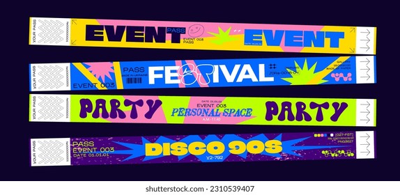 Controla las pulseras para eventos, discoteca, festival, zona de fans, fiesta, personal. Burla vectorial de una pulsera de festival de estilo futurista