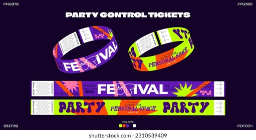 Control ticket bracelets for events, disco, festival, fan zone, party, staff. Vector mockup of a festival bracelet in cartoon futuristic style