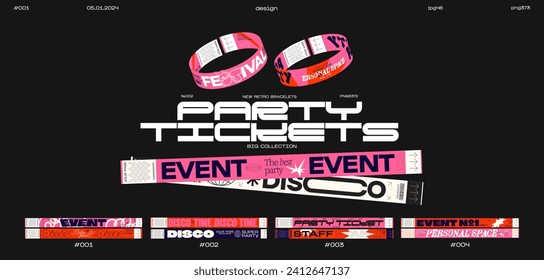 Control ticket bracelets for events, disco, festival, fan zone, party, staff. Vector mockup of a festival bracelet in a futuristic style	