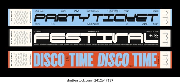 Control ticket bracelets for events, disco, festival, fan zone, party, staff. Vector mockup of a festival bracelet in a futuristic style	