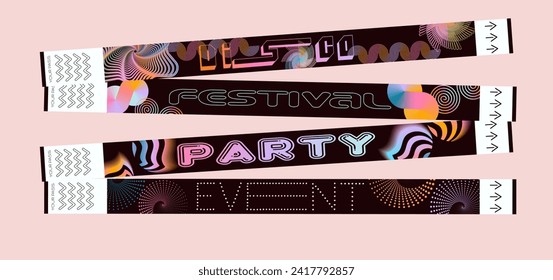 Control ticket bracelets for events, disco, festival, fan zone, party, staff. Vector mockup of a festival bracelet in a futuristic style