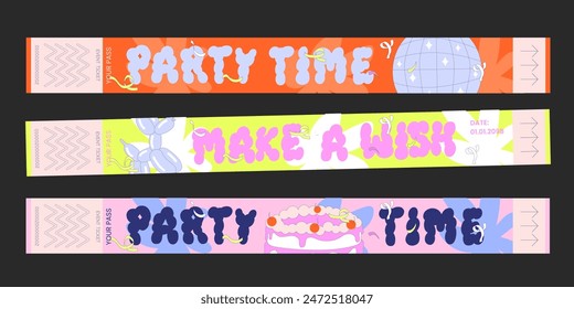 Control ticket bracelets for events, disco, festival, fan zone, party, staff. Vector mockup of a festival bracelet in a retro style