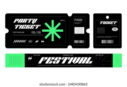 Control ticket bracelets for events, disco, festival, fan zone, party, staff. Vector mockup of a festival bracelet in a futuristic style.