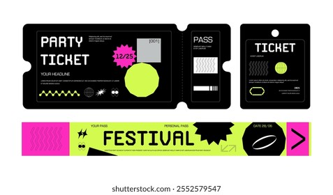 Control ticket bracelets for events, disco, festival, fan zone, party, staff. Vector mockup of a festival bracelet in a futuristic style.	
