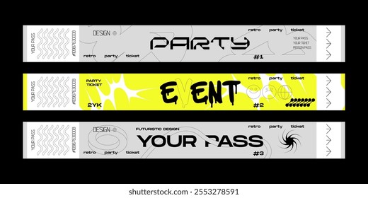 Control ticket bracelets for events, disco, festival, fan zone, party, staff. Vector mockup of a festival bracelet in a futuristic y2k style.