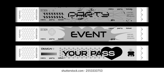 Control ticket bracelets for events, disco, festival, fan zone, party, staff. Vector mockup of a festival bracelet in a futuristic y2k style.