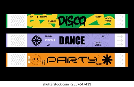 Control ticket bracelets for events, disco, festival, fan zone, party, staff. Vector mockup of a festival bracelet in a futuristic y2k style.