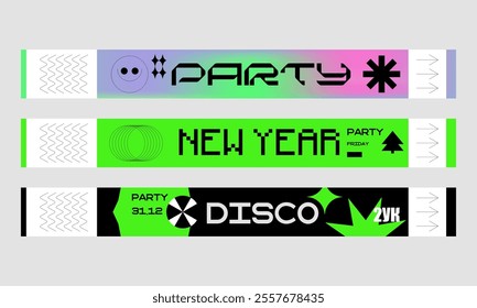 Control ticket bracelets for events, disco, festival, fan zone, party, staff. Vector mockup of a festival bracelet in a futuristic y2k style.