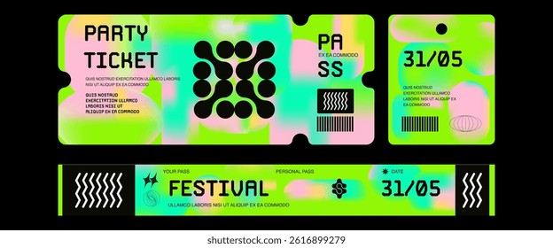 Control ticket bracelets for events, disco, festival, fan zone, party, staff. Vector mockup of a festival bracelet in a futuristic style.