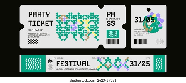 Control ticket bracelets for events, disco, festival, fan zone, party, staff. Vector mockup of a festival bracelet in a futuristic style.