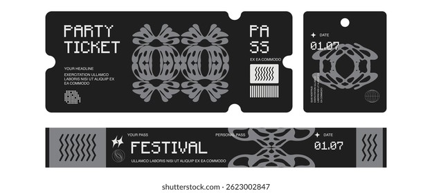 Control ticket bracelets for events, disco, festival, fan zone, party, staff. Vector mockup of a festival bracelet in a futuristic style.