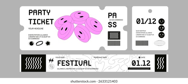 Control ticket bracelets for events, disco, festival, fan zone, party, staff. Vector mockup of a festival bracelet in a acid style.