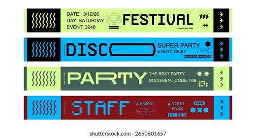 Control ticket bracelets for events, disco, festival, fan zone, party, staff. Vector mockup of a festival bracelet in a futuristic y2k style.