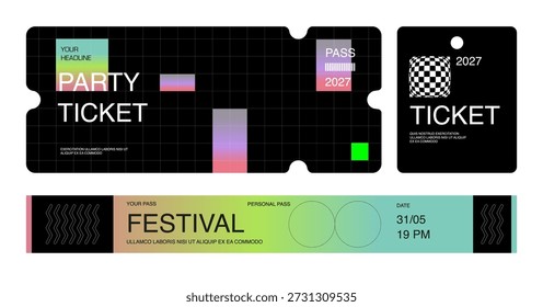 Control de pulseras de boletos para eventos, discoteca, festival, zona de fans, fiesta, personal. Maqueta de Vector de una pulsera de festival en un estilo futurista.