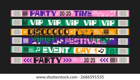 Control ticket bracelets for events, disco, festival, fan zone, party, staff. Vector mockup of a festival bracelet in a futuristic doodle cartoon style	