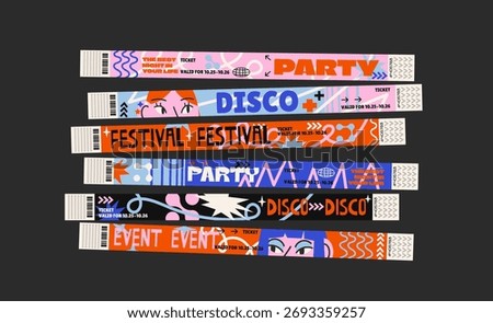 Control ticket bracelets for events, disco, festival, fan zone, party, staff. Vector cartoon mockup of a festival bracelet in a futuristic doodle style
