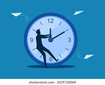 Control time, deadlines of work. Businessman pulls the clock 
