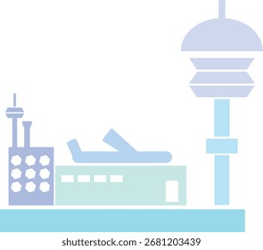 Control tower with Airplane taking off from the airport with on city
