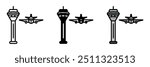 Control Tower Icon, A tall structure at airports or airbases where air traffic controllers manage aircraft takeoffs, landings, and ground movements.