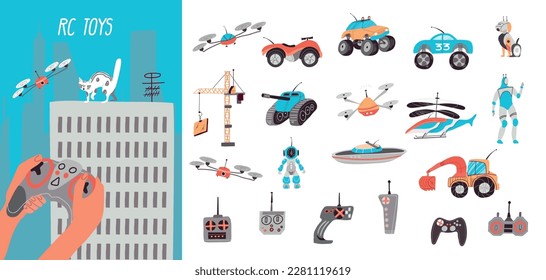 Control toys composition set with transport and drones symbols flat isolated vector illustration