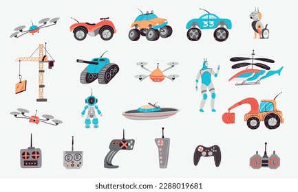 Juguetes de control ajustados con símbolos de transporte y drones ilustraciones vectoriales aisladas planas